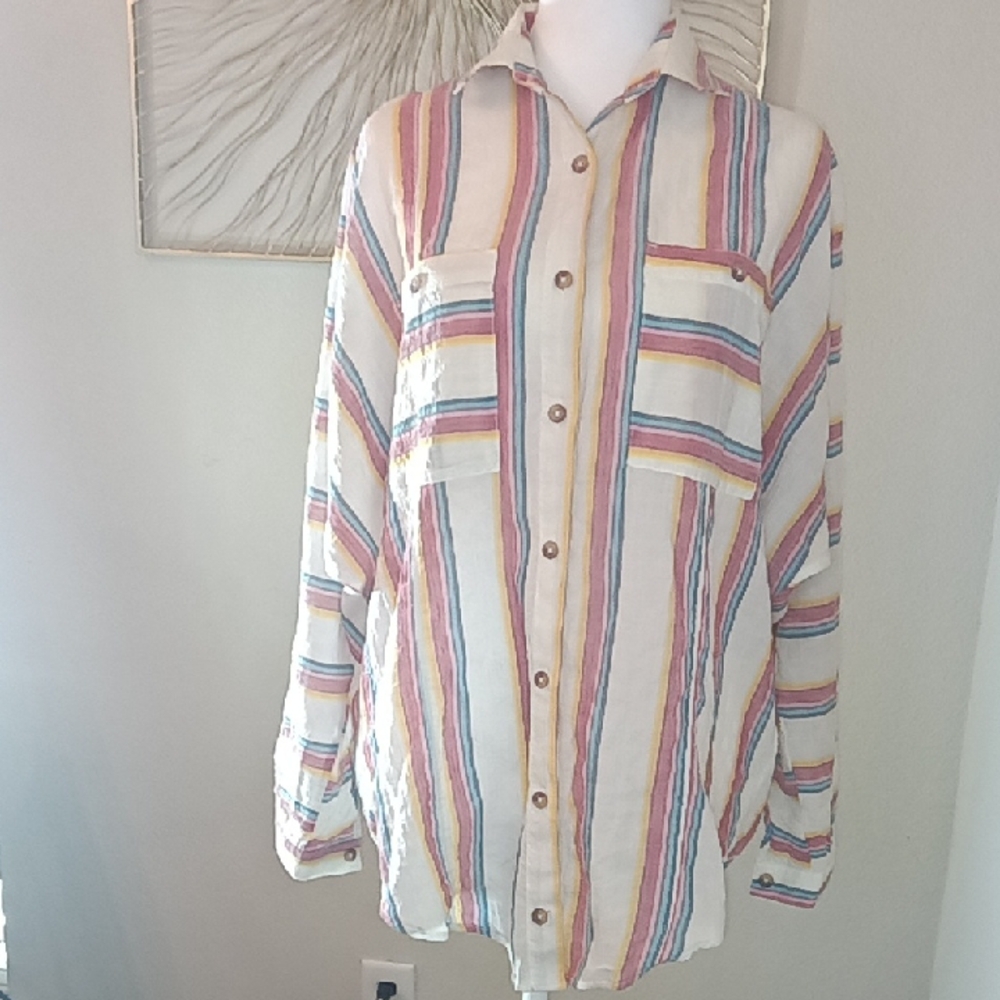 BDG Urban Outfitters Cream Cotton Casual Button Down Shirt with Vertical Stripes